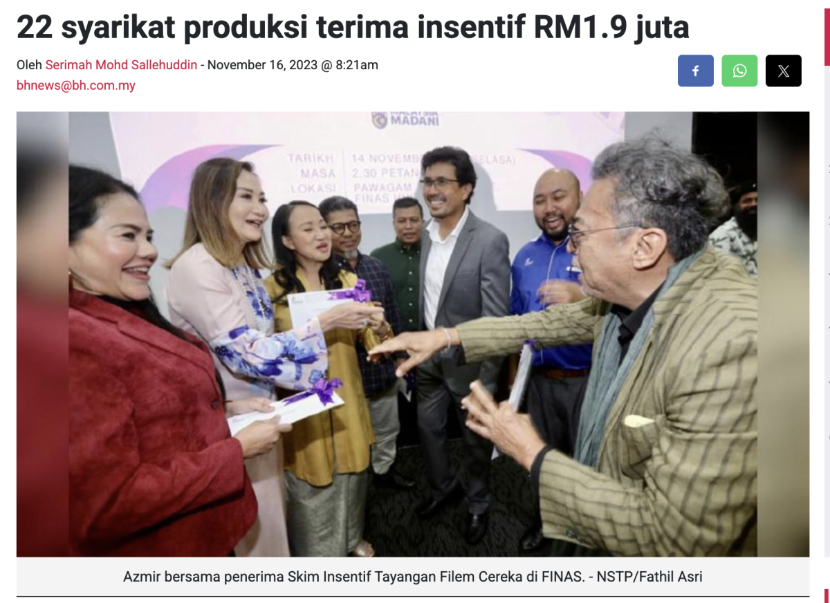 22 syarikat produksi terima insentif RM1.9 juta